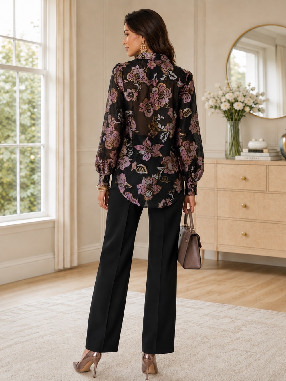 Boston Proper Dark Bohemian Metallic Floral Blouse — Size Medium - Picture 5 of 9